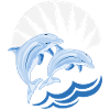 Dolphins above waves