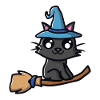 Katze mit Hexenhut auf Hexenbesen