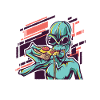 Alien eats pizza