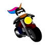 Einhorn Motorradfahrer.
