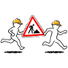 Two construction workers carry a construction site sign