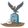 Crow on gravestone with skull