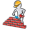 Bauarbeiter mit Maurerkelle, Mörtel und Mauer