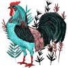 Turquoise rooster in plant design
