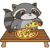 A cute raccoon eats a pizza.