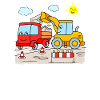 Excavators and dump trucks at the children's construction site
