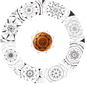 Mandala Ring schwarz handgemalt mit goldener Mitte