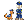 Ragazzo come ufficiale di con un cane poliziotto per bambini