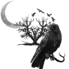 raven, crescent moon, trees, gothic design