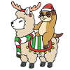 Christmas meerkat rides llama with reindeer
