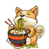 Corgi hund spiser skål med ramen pho nudelsuppe