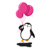 Penguin with pink balloons.