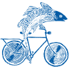 Fish with bicycle /motive in blue, white and black