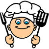 Grillens kok med køkkenredskaber og kokkehue