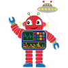 Kleiner roter Roboter mit Raumschiff
