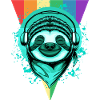 Sloth with headphones & rainbow