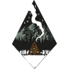 Forest hut under snow-capped mountains