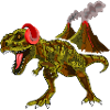 Dinosaurier mit Kopfhörern vor Vulkan