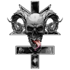 Inverted cross with pentagram and skull
