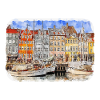 Copenhague Danemark Aquarelle Sketch Illustration