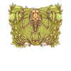 Frog skeleton between mushrooms