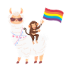 Alpaka mit Äffchen und Regenbogenfahne
