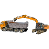 Excavator loads trucks