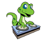 Cartoon Gecko DJ am Turntable