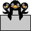 3 penguins behind shield