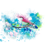 grand, oiseau, fleurs, aquarelle, bleu