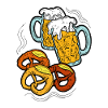 Bierparty. Bierbecher und Brezel.