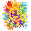 Sole sorridente su spruzzi colorati di colore