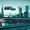 Flying Tesla in futuristic city