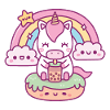Mignonne licorne buvant du thé Boba, arc-en-ciel et nuages