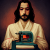 Jesus at the sewing machine