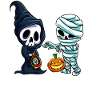 Mummy and skeleton with pumpkin