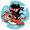 Kawaii Ninja Katze reitet auf einem roten Drachen