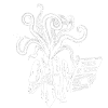 Coffee-drinking skeleton with tentacles, newspaper