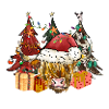 Cow Santa Claus and firs