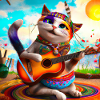 A hippie cat is playing the guitar