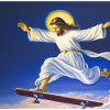 Dipinto ad olio di Gesù Cristo che pattina tra le nuvole