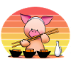 Schwein versucht Sushi mit Stäbchen
