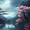 Pink trees by the water