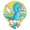 Triceratops comic-style dinosaurs on skateboard.
