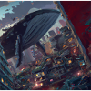 Whale floating in the city