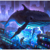 Whale floating in the city