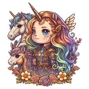 00258 Mädchen mit Regenbogenhaaren und Einhorn