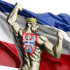 Muscleman holds Serbian flag