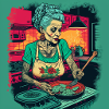Old tattoed woman cooking