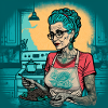 Old tattoed woman cooking